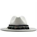 White wool fedora hat with bohemian ethnic ribbon and vintage metal coin charms - White