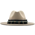 Beige wool fedora hat with bohemian ethnic ribbon and vintage metal tassels - Camel