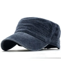 Vintage washed cotton flat top military cap for men in dark grey with side air vents - Adjustable / Navy Blue