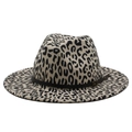 Close-up of leopard print wool fedora hat with black leather band and gold buckle - Adjustable / Beige