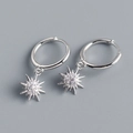 Detailed close-up of S925 sterling silver sunburst earrings with sparkling cubic zirconia - 925 Silver / White Gold (Pair)