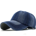 Detail view of washed navy denim baseball cap showing premium stitching and curved brim - Adjustable / Blue