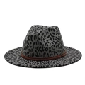 Leopard print wide brim wool fedora hat with brown leather band and gold metal buckle - M(56-59CM) / Dark Gray