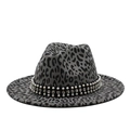 Détail de chapeau fedora léopard avec ruban en velours, strass et perles blanches - M(56-59CM) / Gris clair