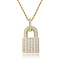 Iced out gold lock pendant necklace with pavé zircons on a twisted rope chain - 24 Inch Rope Chain / Gold