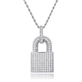 Hip hop silver lock pendant necklace with full cubic zirconia stones on white background - 24 Inch Rope Chain / Silver