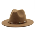Detailed view of dark brown wool fedora featuring a braided band with green beads - Light Coffee