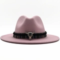 Chapeau cowboy en laine rose avec ruban ethnique et ornement crâne de taureau argent - Rose