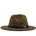 Cappello Fedora in lana leopardata con fascia in pelle nera e fibbia in argento - M (56-58cm) / Cachi