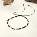 Detail of handmade MIYUKI seed bead bracelet with freshwater pearls and adjustable black cord - Black Style (BR0311)
