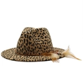 Detail of leopard print fedora hat featuring side feather decor and beaded leather band - Light Orange