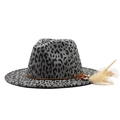 Gray leopard print wool fedora hat with flat brim, brown cord, beads, and feather detail - Dark Gray