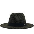 Detail of leopard print fedora hat featuring black ribbon and silver M metal charm - Army Green