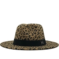 Classic leopard print wool fedora hat with flat brim and silver M metal emblem decoration - Light Khaki