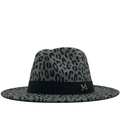 Grijze fedora hoed met luipaardprint, zwart lint en metalen M-gesp voor dames - M(56-58cm) / donkergrijs