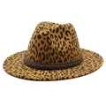 Detail view of leopard print fedora hat featuring a studded decorative band - Dark Orange