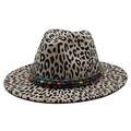 Wide brim leopard print fedora hat with colorful beaded band for men and women - M (56-59cm) / Beige