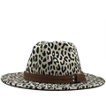 Classic leopard print wide brim wool fedora hat with a brown leather decorative band - M (56-58cm) / White (Leopard)