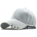 Minimalist white cotton baseball cap with three silver metal rings on the brim - Adjustable / White