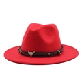 Detail of red wool fedora featuring a metallic bull head buckle and leather band - M (55-58cm) / Red