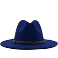 Classic dark blue wool fedora hat with studded decorative band and flat brim for unisex - M (56-58cm) / Blue