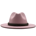Pink felt fedora hat with brown woven band and rhinestones for elegant women - Pink