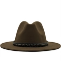 Close-up of wide-brimmed wool fedora featuring rhinestone trim and braided band detail - Khaki