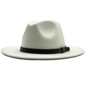 Chapeau fedora blanc en feutre de laine avec bande en cuir noir et boucle dorée - Blanc