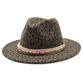 Detail of leopard print wool fedora featuring bohemian beaded band and braided rope trim - M (56-59cm) / Army Green