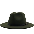 Cappello fedora in lana verde scuro con tesa piatta e cinturino in pelle e fibbia - M (56-58cm) / Verde