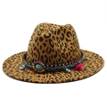 Sombrero fedora de leopardo con cuentas bohemias y adorno de borlas rosas - M (56-59cm) / Naranja Oscuro