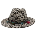 Detail of leopard print fedora hat featuring boho ethnic band and turquoise ornament - M (56-59cm) / Beige