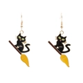 Halloween black cat on broomstick drop earrings with yellow broom and gold ear hooks - Green Eye Cat Earrings