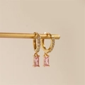 Macro detail of gold-plated brass hoop earrings with pink rectangle zircon stones - Light Pink