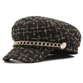 Schicke Newsboy-Mütze aus Tweed in Schwarz-Gold mit markanter Metallkette und Knöpfen - M (56-58cm) / Schwarz