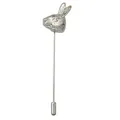 Detailed view of silver rabbit lapel pin with textured relief and metal protector cap - Silver