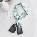 Blue and grey long silk scarf with yellow floral and gold chain patterns - Floral Light Blue