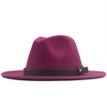 Classic wide brim magenta wool fedora hat with a braided leather band and metal buckle - Rose Red