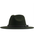 Classic dark green wool fedora hat with flat wide brim and brown leather braided band - M (56-58cm) / Green