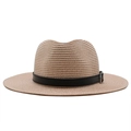 Detail of light brown straw fedora with black leather band and silver buckle - M (56-58cm) / Pink