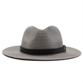 Close-up of gray Panama hat woven texture with black leather band and silver buckle - M (56-58cm) / Gray