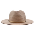 Close-up of beige woven straw fedora hat with elegant gold metal accent and wide brim - M (56-58cm) / Pink