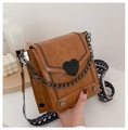 Brown vintage PU leather crossbody square bag with heart lock and wide patterned strap - Brown