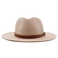 Detail of woven straw texture and brown leather strap with silver metal buckle on hat - M(56-58cm) / Pink