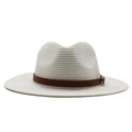 Close-up of white Panama straw hat with a brown leather decorative band and silver buckle - M(56-58cm) / White