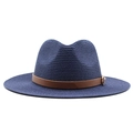 Detail of navy blue straw Panama hat featuring a brown leather band and silver buckle - M(56-58cm) / Navy Blue