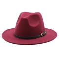 Close-up of burgundy fedora hat with black leather band and gold metal buckle detail - Burgundy
