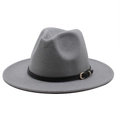 Detail of light gray wool fedora hat featuring a slim black leather band and gold buckle - Light Gray