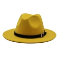 Detail of yellow wool fedora hat featuring a stylish black leather decorative buckle belt - Yellow