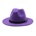 Close-up of purple wide brim wool fedora hat featuring a black leather belt and silver buckle - Purple